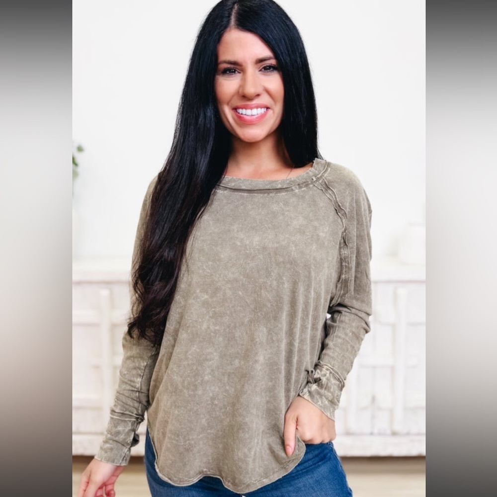 Zenana Mineral Wash Long sleeve Top- Mocha - Large